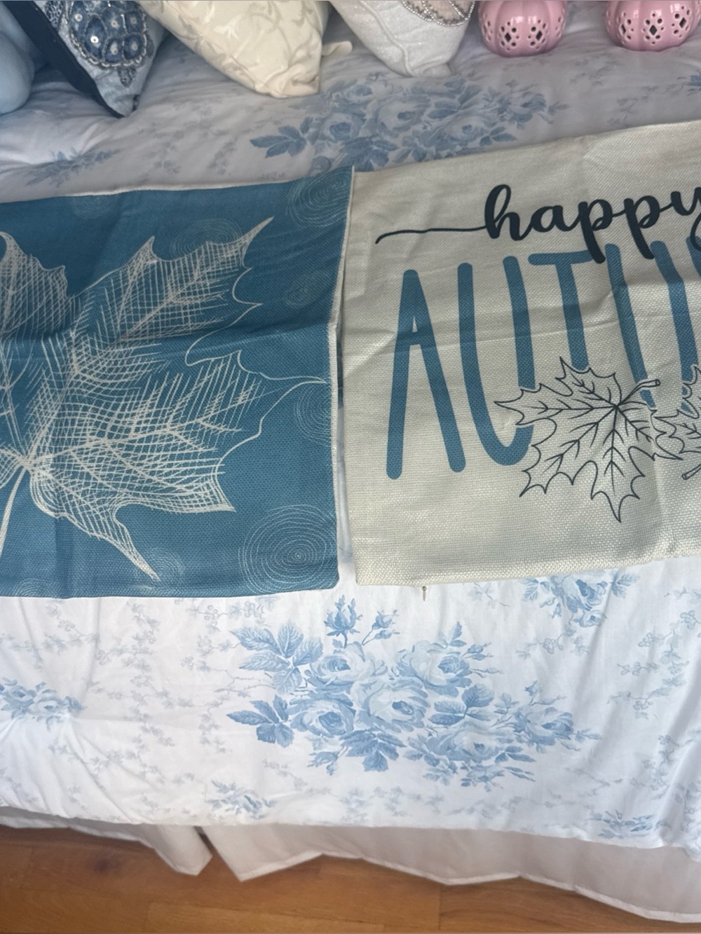 Autumn Leaf Decorative Throw Pillow Covers - Blue & Cream